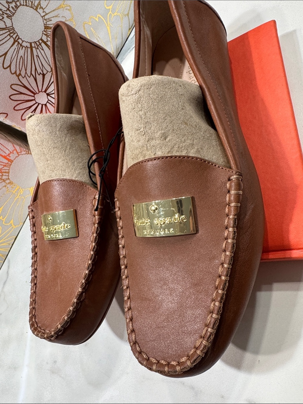 kate spade Brown Leather Moccasin Loafers with Gold Plaque